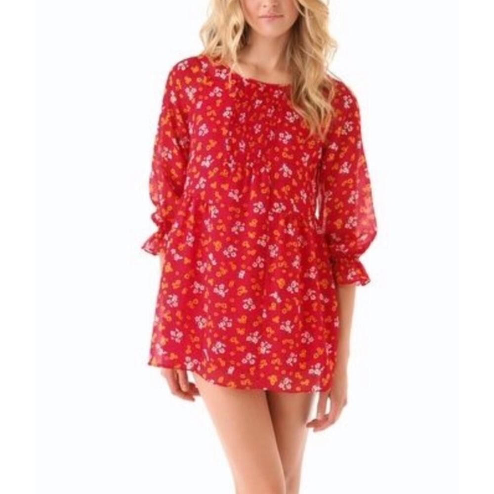 Free People red floral smocked mini dress size 8